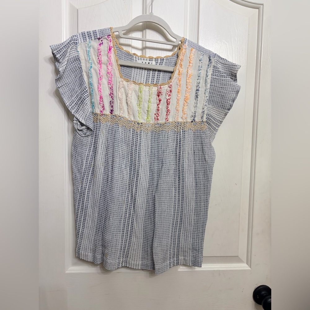 THML Light Blue Striped Top with Multicolor Crochet Yoke